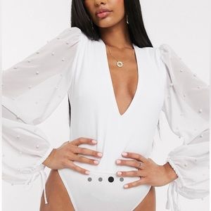 ASOS Saint Genies Plunge Front Bodysuit with Pearl Sleeve Detail